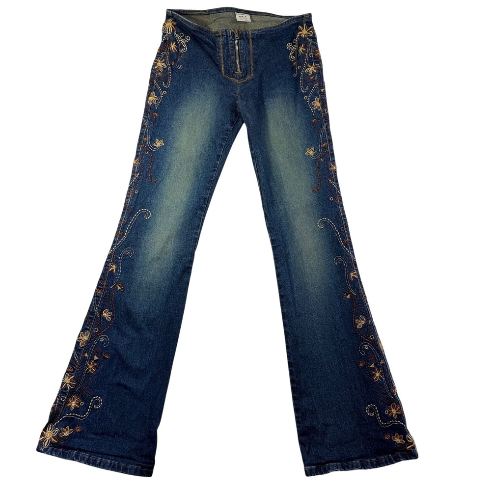 Z. Cavaricci Womens Size 5 Embroidered Flare Jeans Low Rise Exposed Zip Y2K Blue